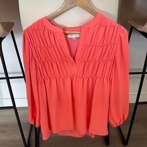 Trina Turk Orange Ruched Blouse with Mandarin Collar